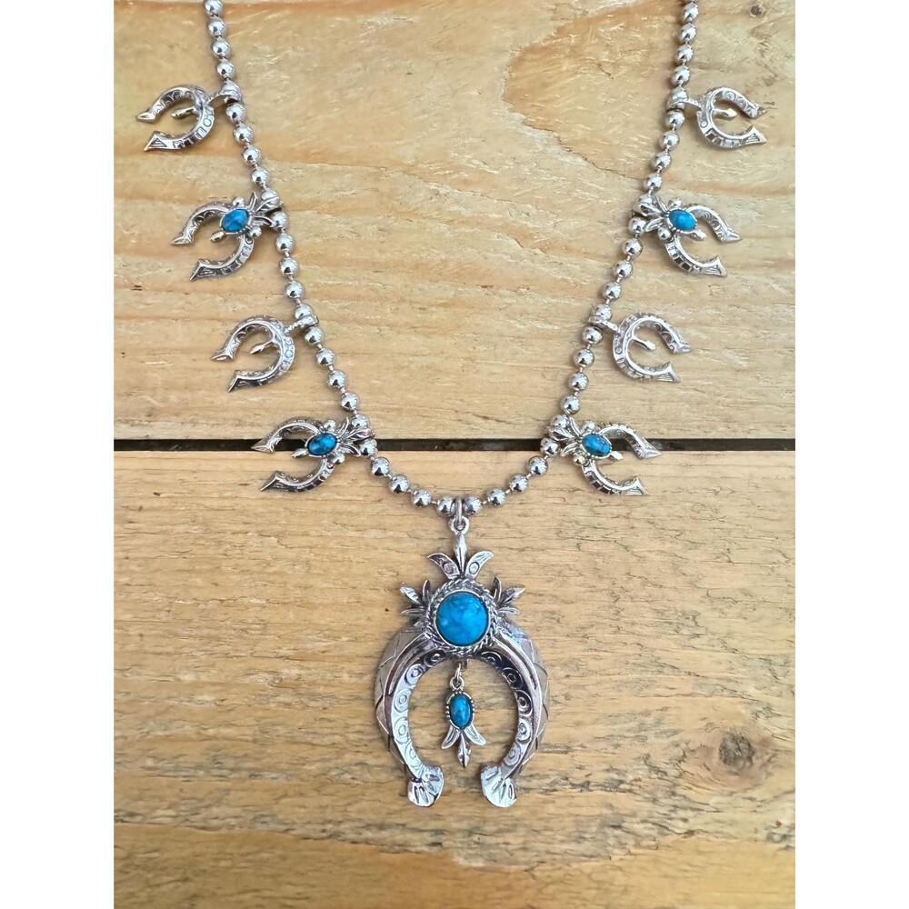 Vintage Southwestern Squash Blossom Style Necklace Silver Tone with Turquoise Co